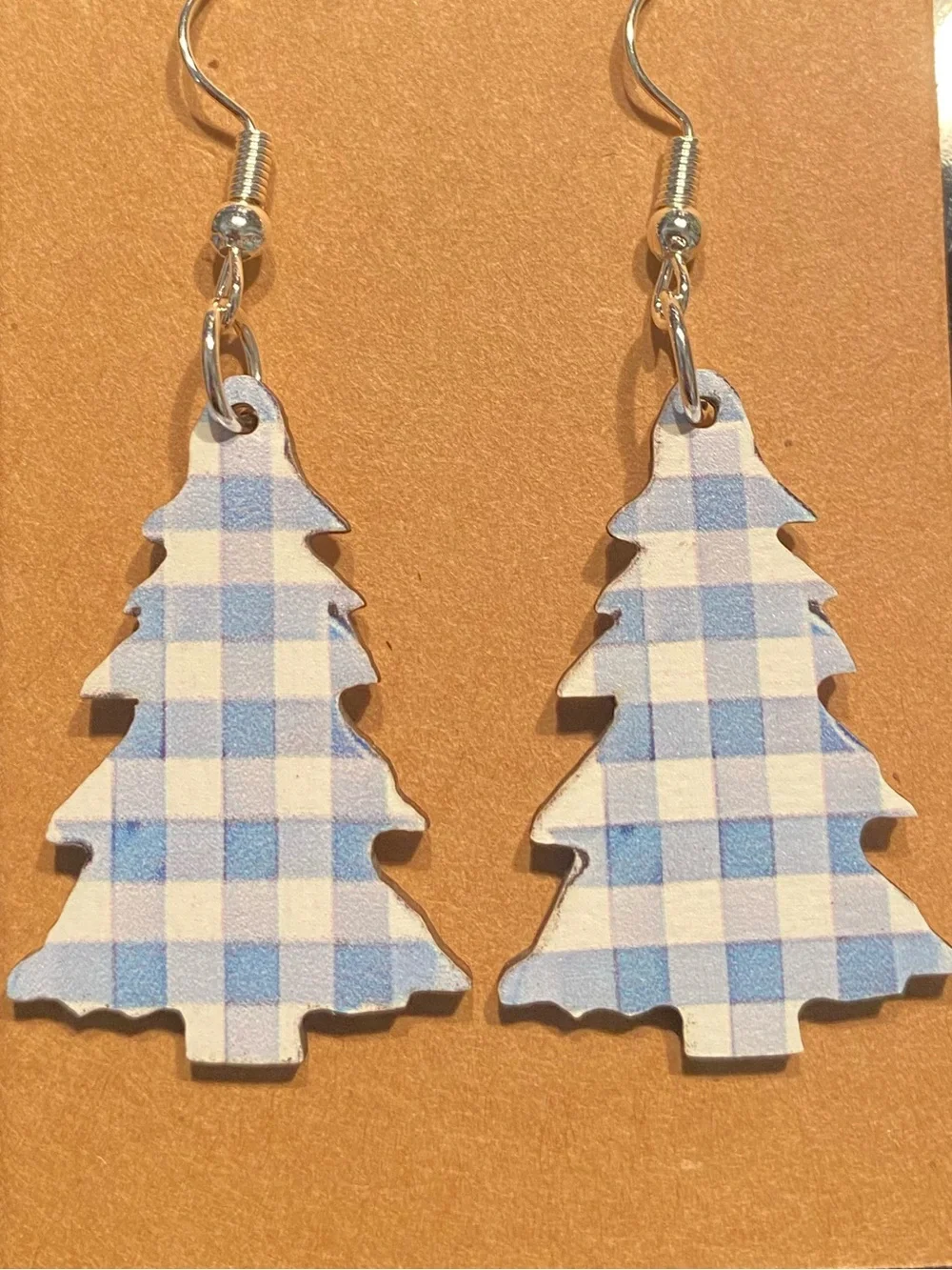 *Buy Now* Blue Plaid Christmas Tree Wooden Earrings